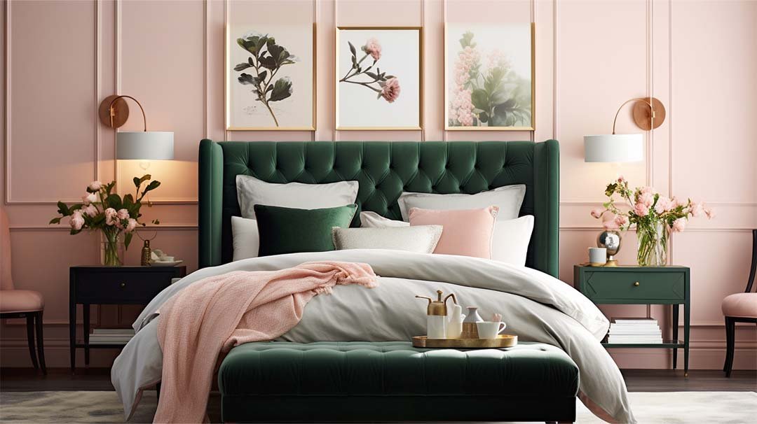 Dark Green and Blush Pink Bedroom