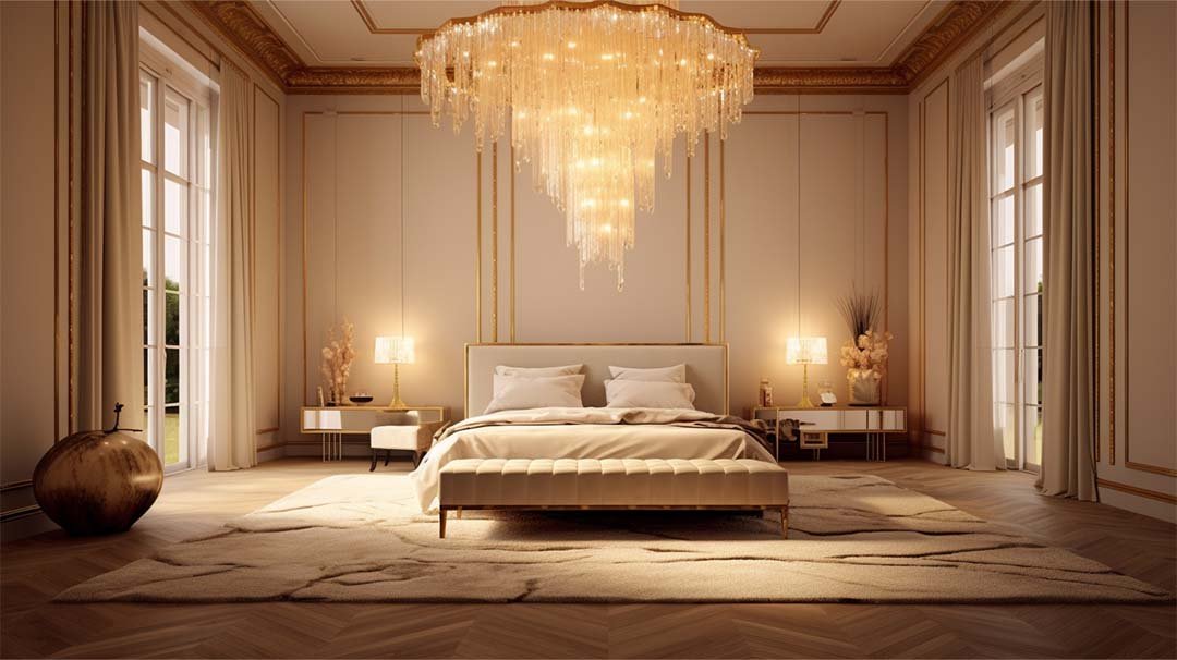 Three Dimensional Golden Chandelier with Beige Rug