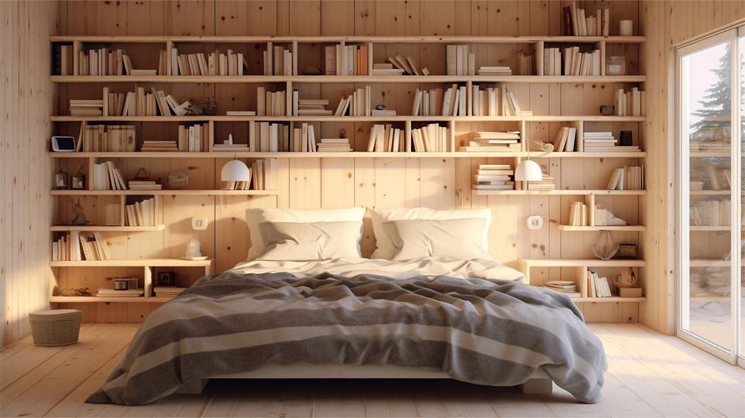 Wooden Wall with Built-in Bookshelves
