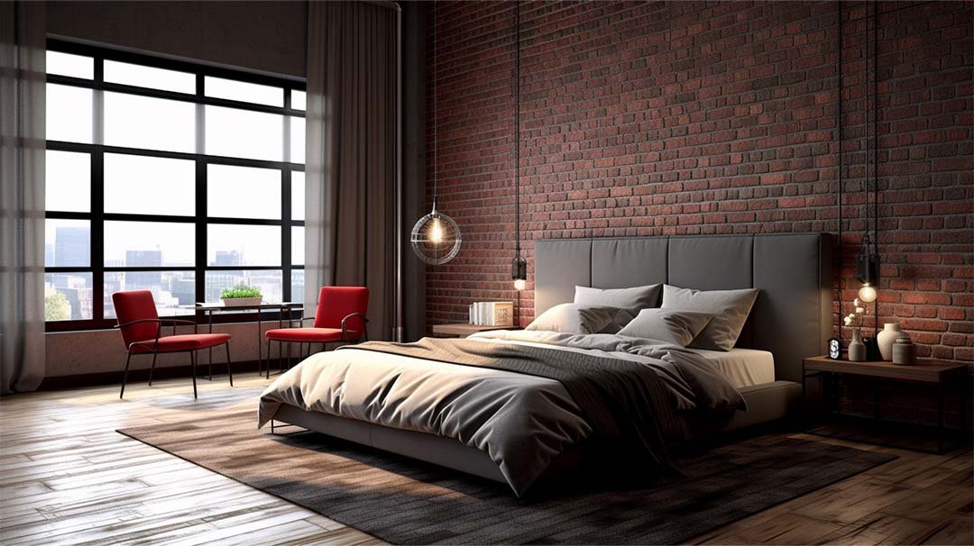 Red Brick Accent Wall with grey wooden floor bedroom