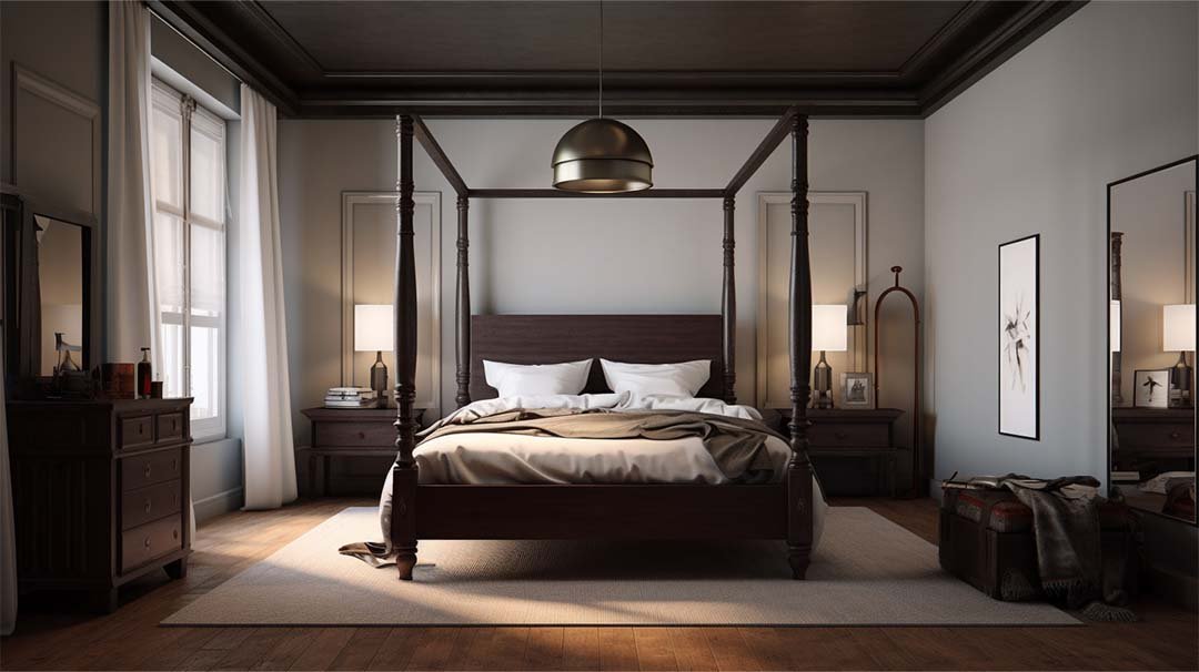 5. Dark Wood Canopy Bed with Traditional Lamp