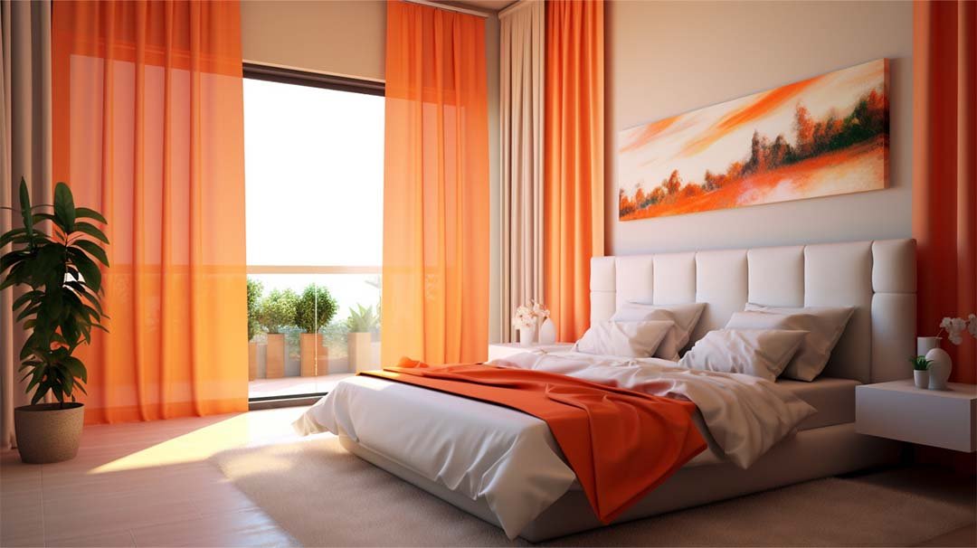 Bright Orange Curtains with Dark Wood Mat Tiles