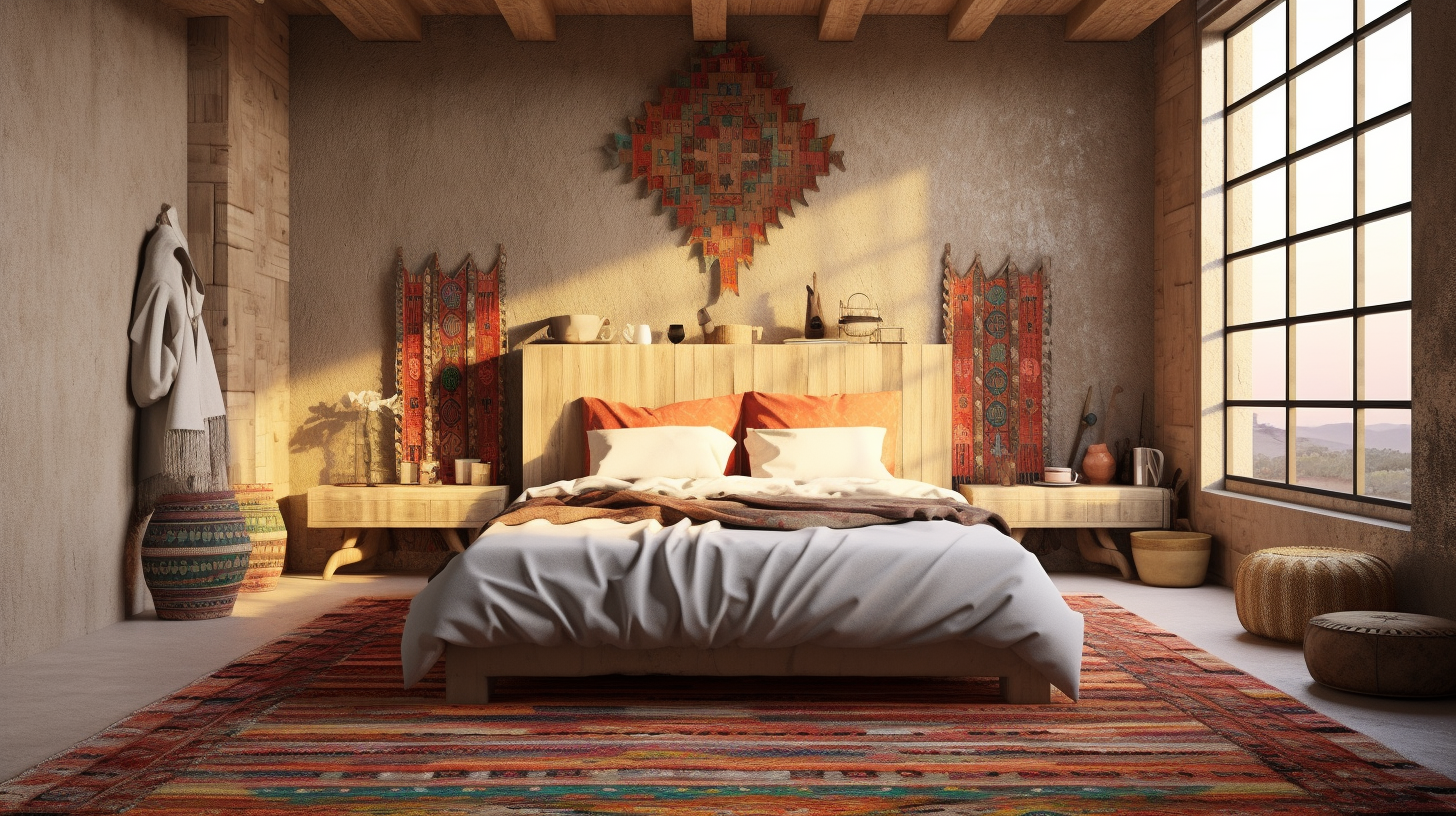 Hanging Wall Moroccan Rug in Dark Wood Bedroom